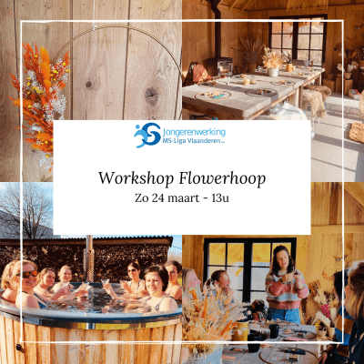 Activiteit Workshop Flowerhoop maken - een prachtige flowerhoop als voorbeeld, de gezellige ruimte waar de workshop plaatsvindt en gezellig erna samen in de hottub