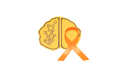 Tekening van een brein met verbindingen en een oranje lint als symbool voor Multiple Sclerose