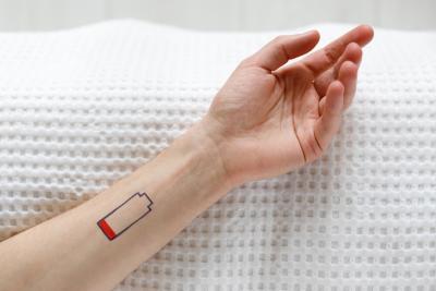 Een arm rustend op bed, waar een lege batterij op staat getekend